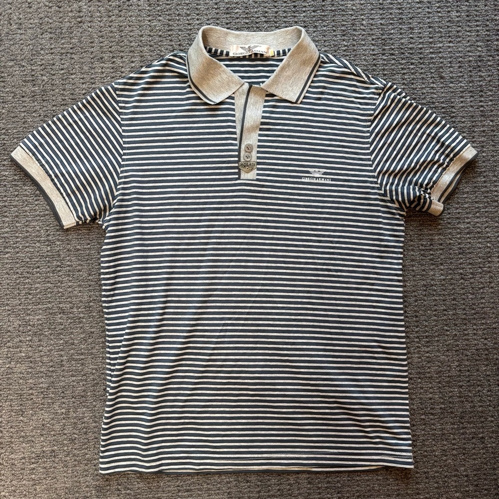 Vintage 80s Giorgio Armani Striped Polo Shirt Medium Grey Blue Short Sleeve